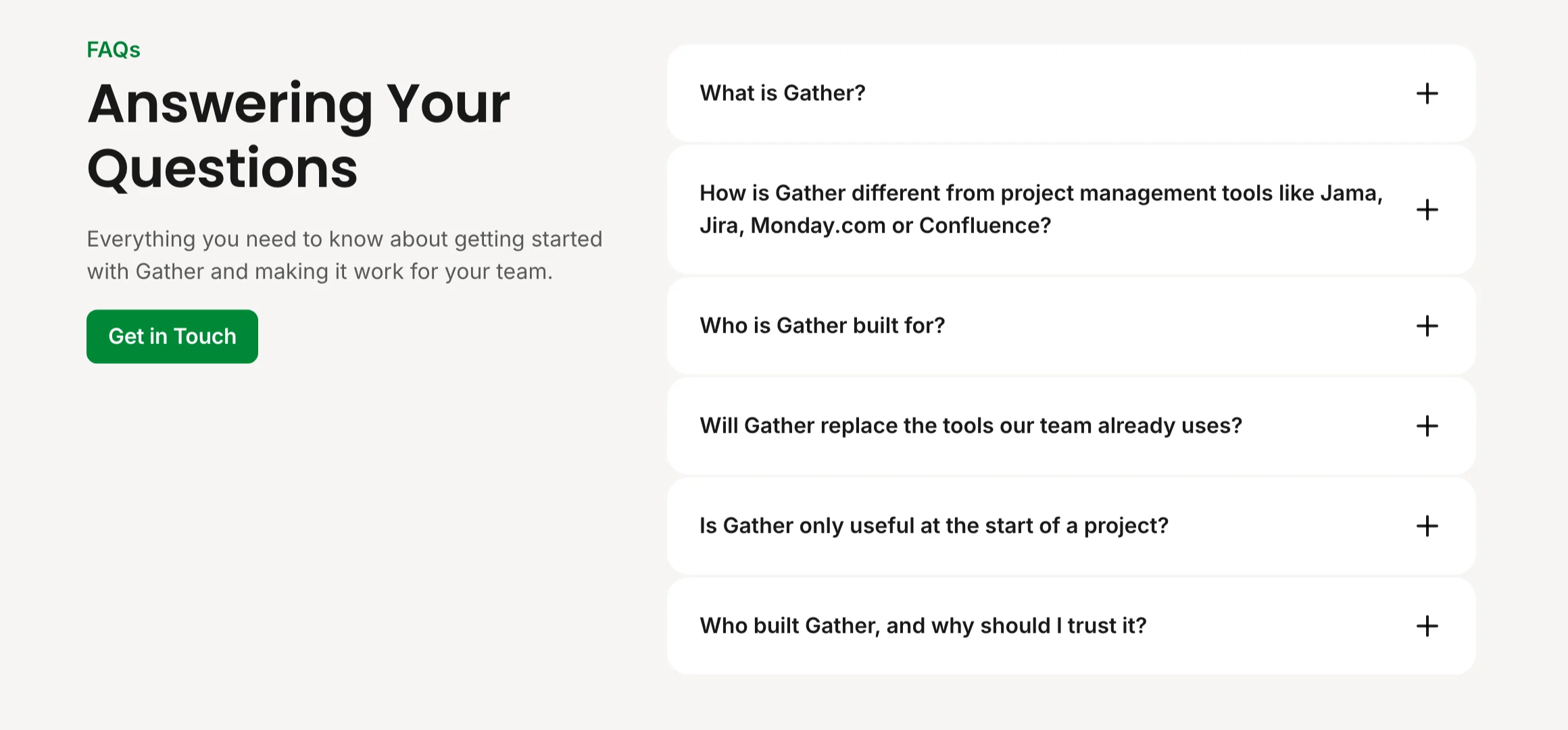 The Gather FAQ section, Answering Your Questions, with six questions including how Gather differs from Jira, Monday.com or Confluence, and a Get in Touch button