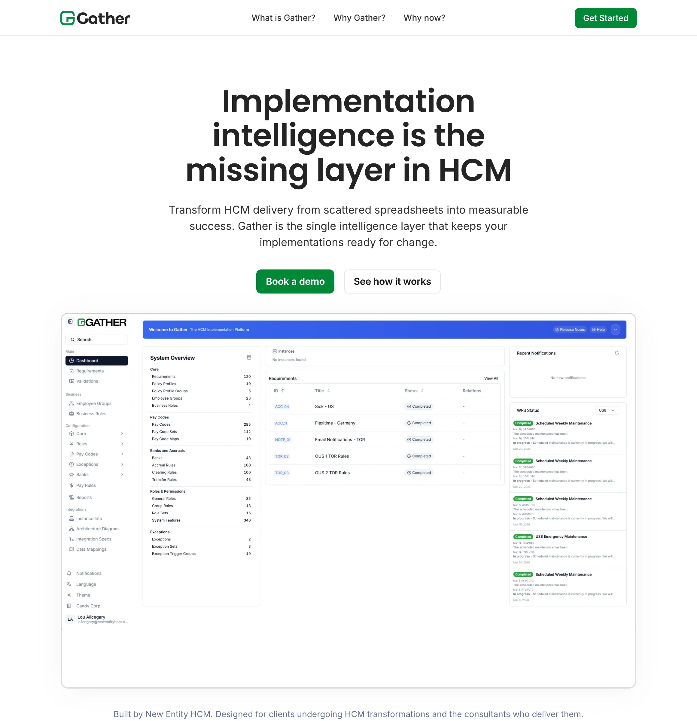 The Gather homepage: the headline Implementation intelligence is the missing layer in HCM, Book a demo and See how it works buttons, and the Gather dashboard directly beneath