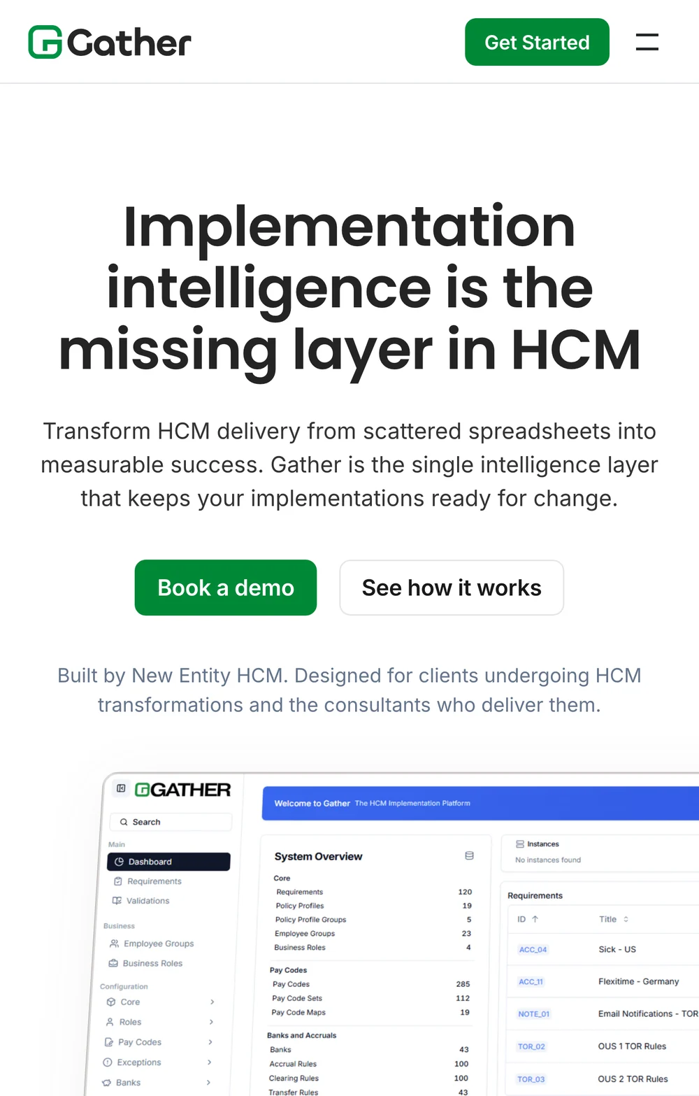 The Gather homepage on a phone: the headline, Book a demo and See how it works buttons, and the dashboard below