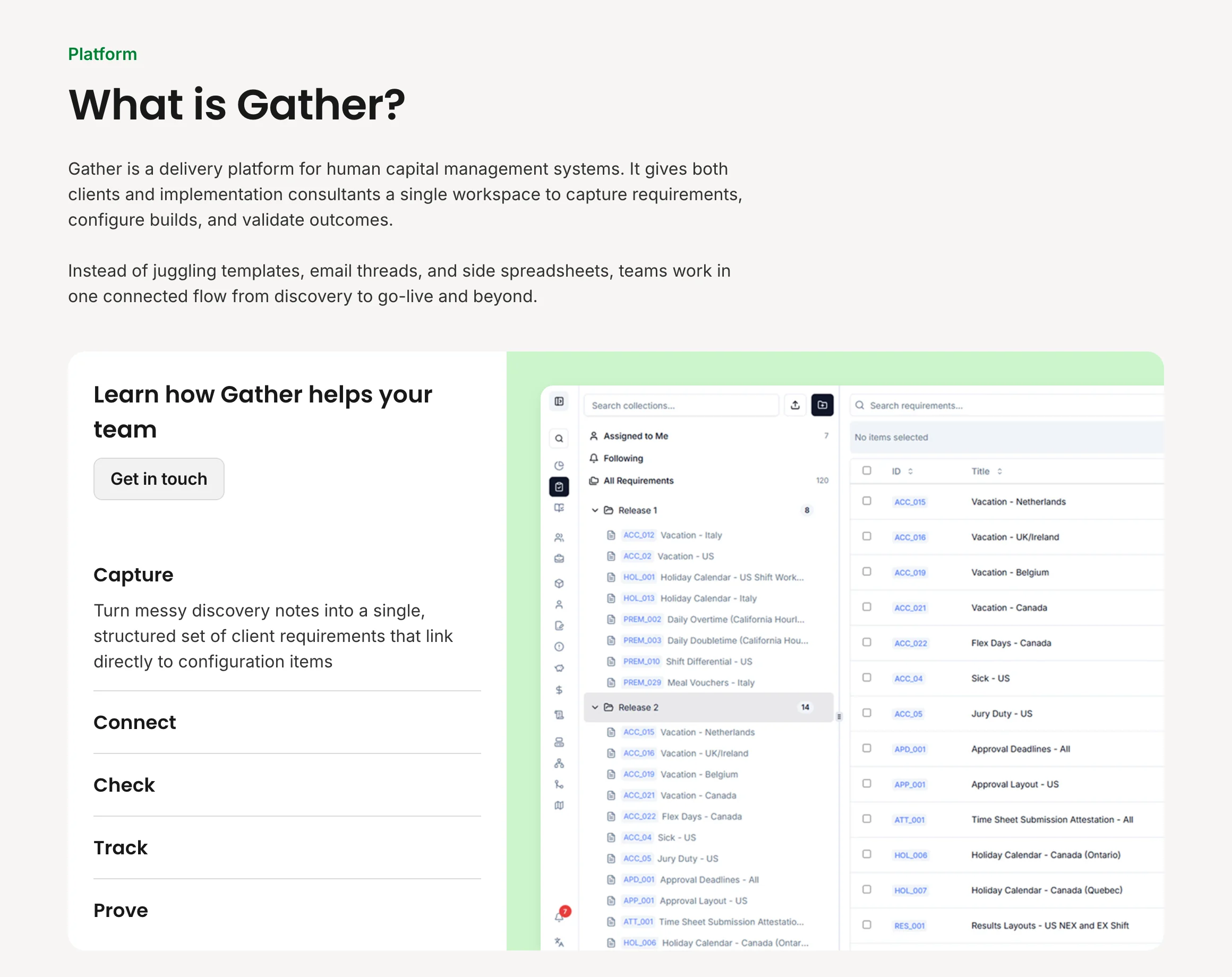 The What is Gather section: five capabilities, Capture, Connect, Check, Track and Prove, beside a product screen listing requirements