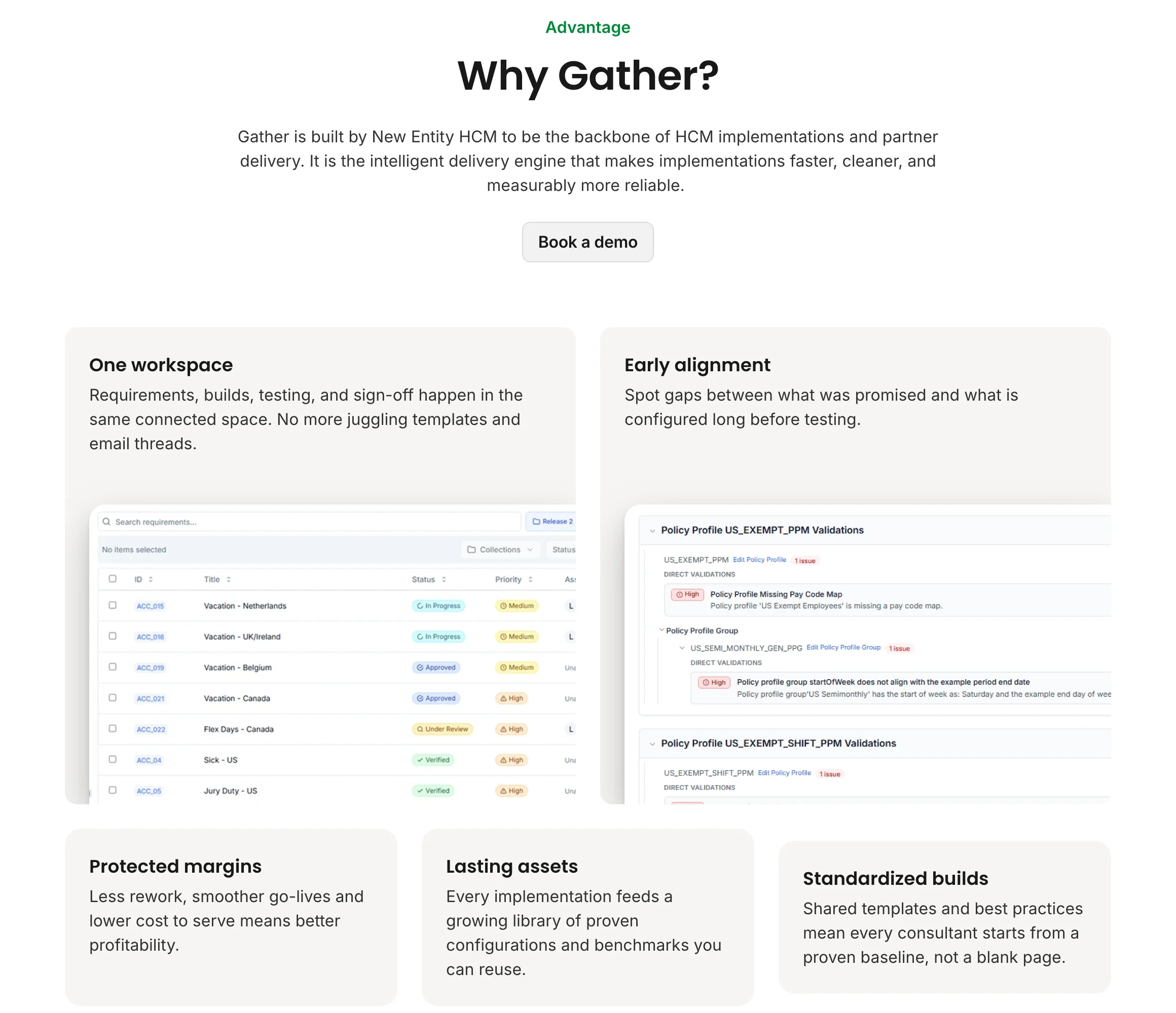 The Why Gather section: a bento grid of five benefits, One workspace, Early alignment, Protected margins, Lasting assets and Standardised builds, two of them paired with product screens