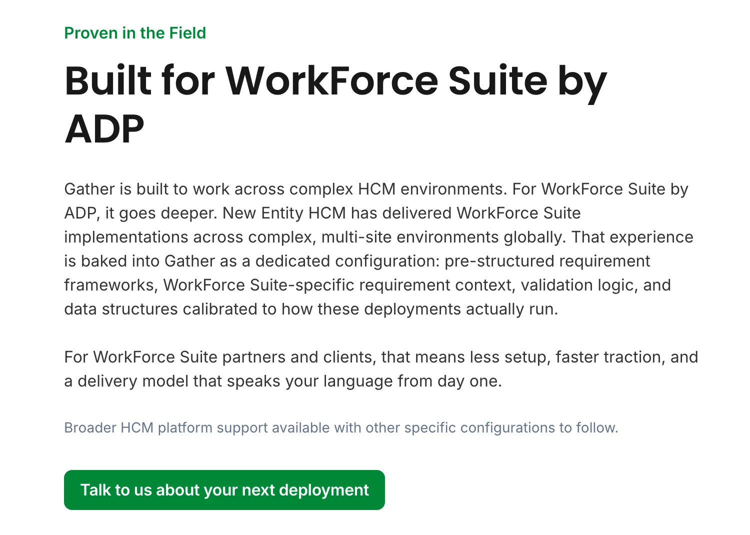 The Built for WorkForce Suite by ADP section, explaining Gather's dedicated configuration for WorkForce Suite deployments, with a Talk to us about your next deployment button