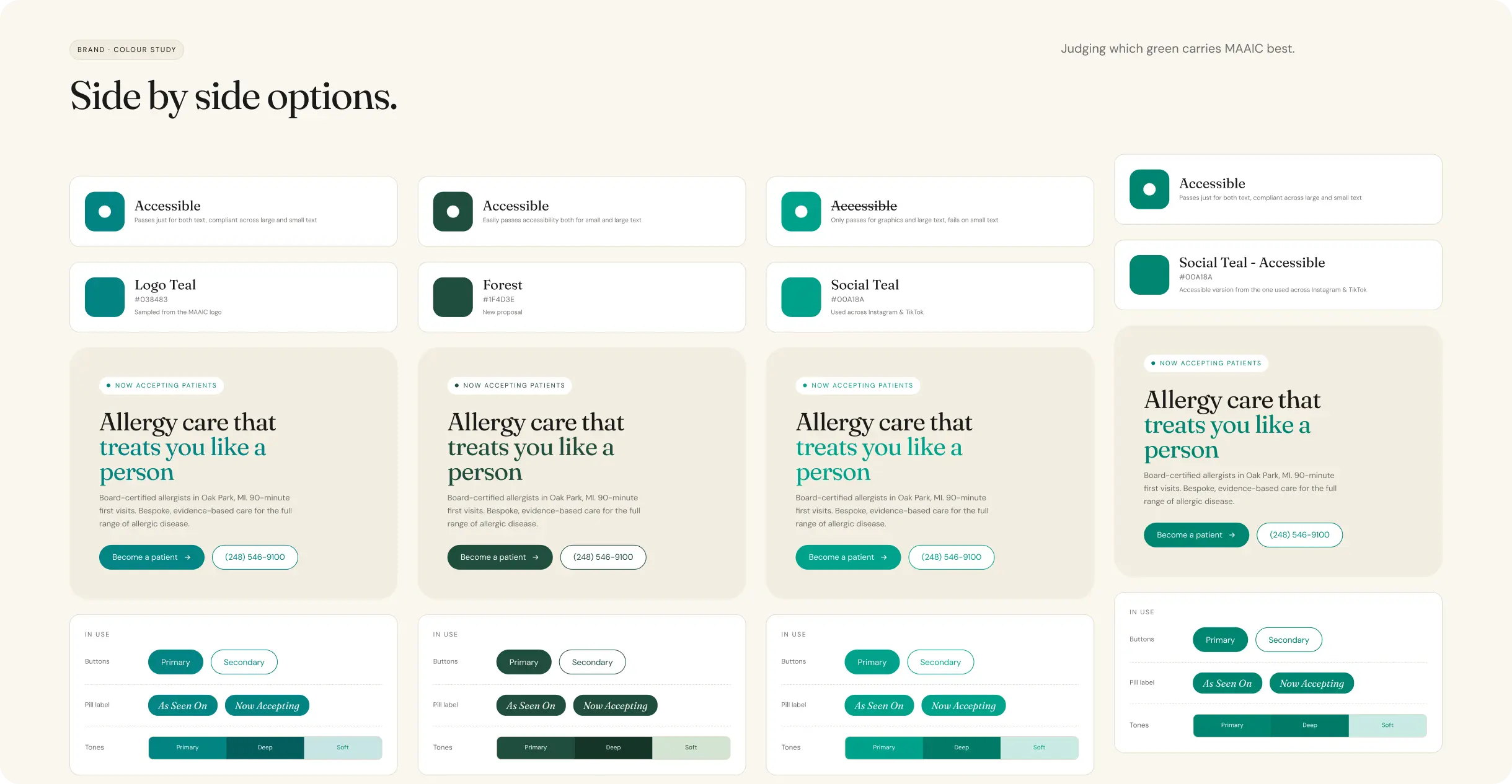 Colour study comparing four greens in the same hero and button components, with accessibility notes: the social teal is marked as failing on small text, and an accessible version of it passes