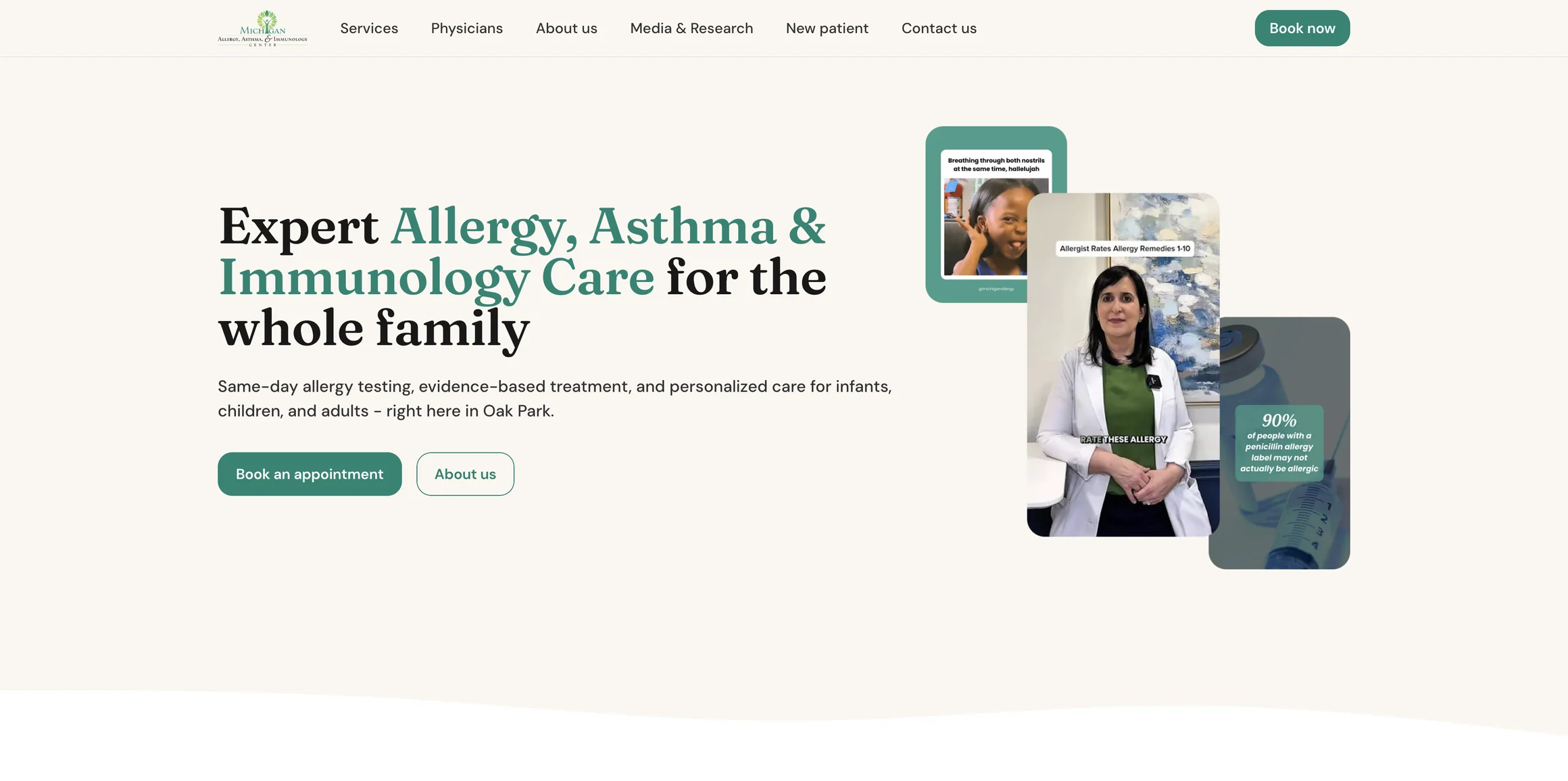 The MAAIC homepage: the headline Expert Allergy, Asthma and Immunology Care for the whole family, a Book an appointment button, and three of the practice's social video clips featuring Dr Dass