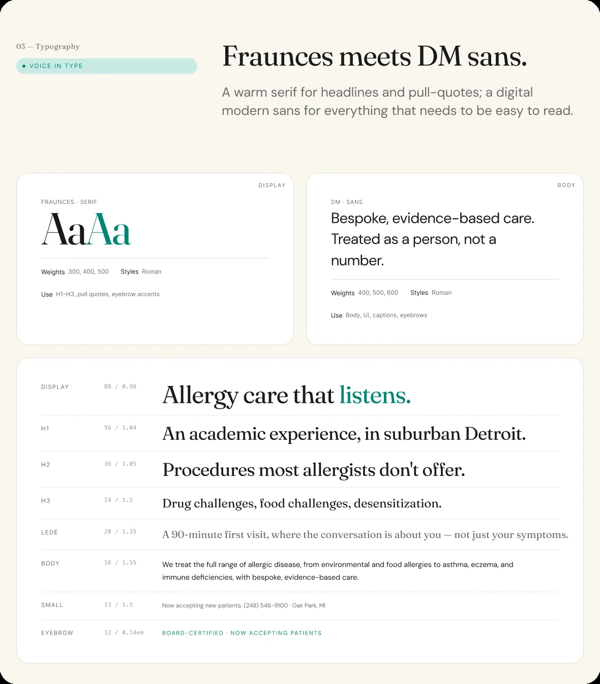 Typography guide pairing the Fraunces serif with DM Sans, with the type scale from display to eyebrow