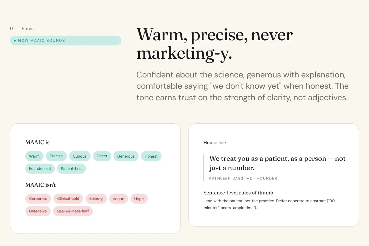Voice guide: warm, precise, never marketing-y, with what MAAIC is and isn't, and the house line