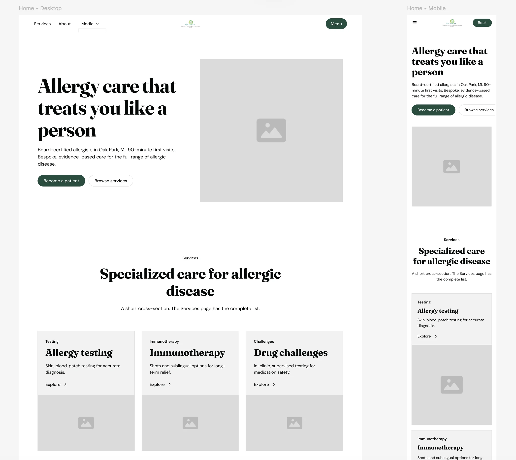Early homepage wireframes for desktop and mobile side by side, showing the hero and the first row of service cards