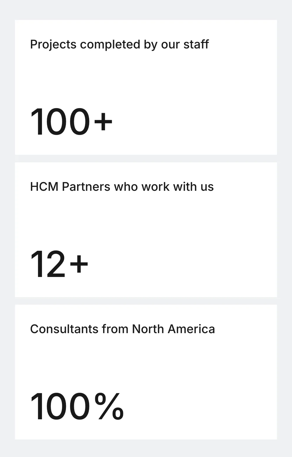 The New Entity HCM homepage on a phone: the three stat cards, 100+ projects, 12+ HCM partners and 100% North American consultants, stacked vertically