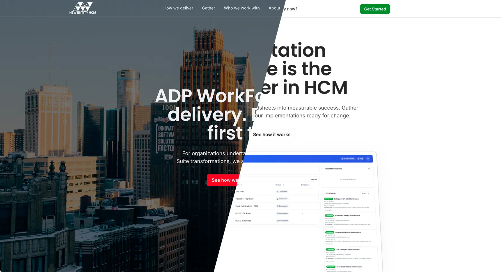 A diagonal split of the two homepages: New Entity HCM, dark and photographic, on the left and Gather, light and product-led, on the right