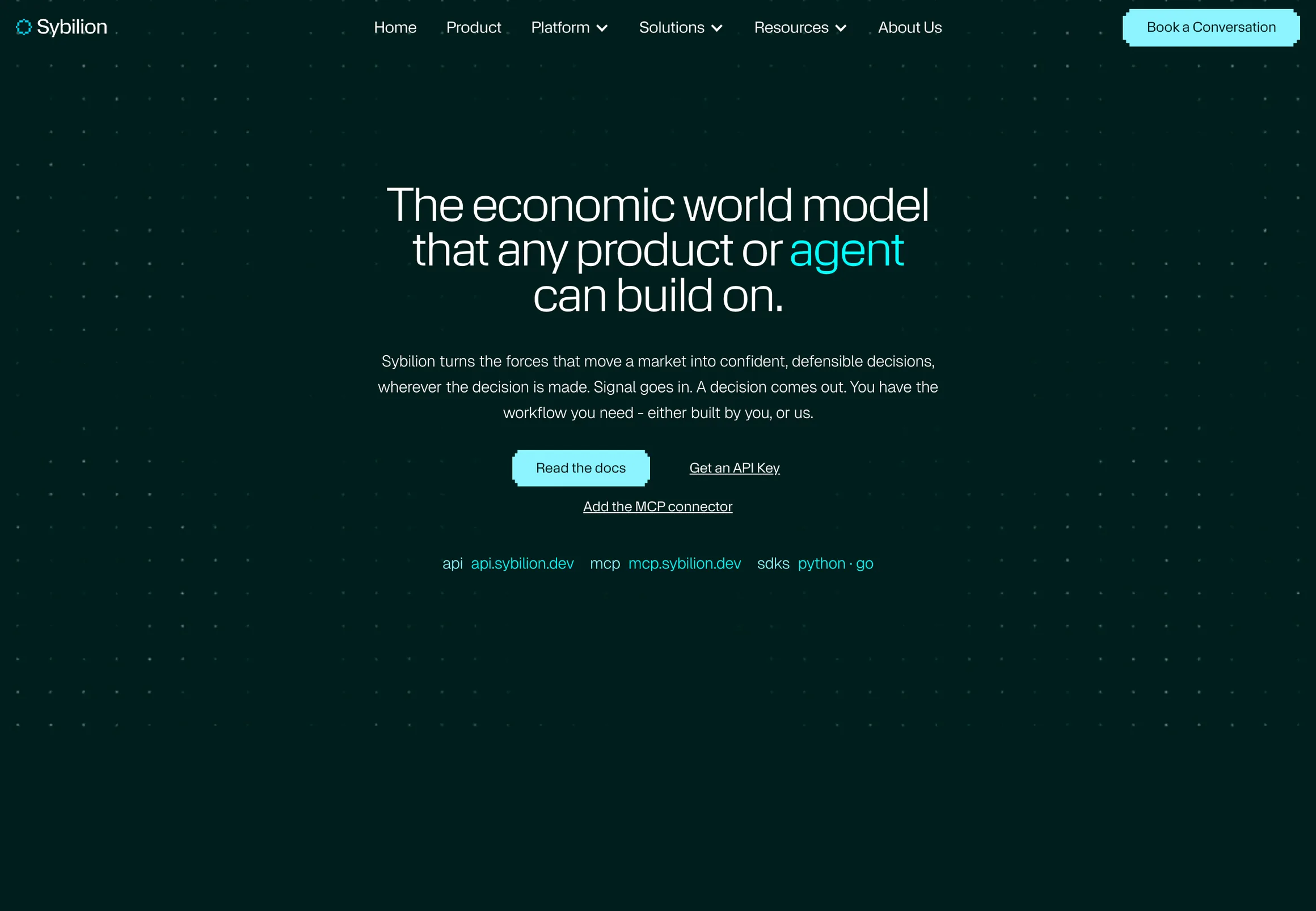 The Sybilion API page hero: The economic world model that any product or agent can build on, with Read the docs, Get an API Key and Add the MCP connector