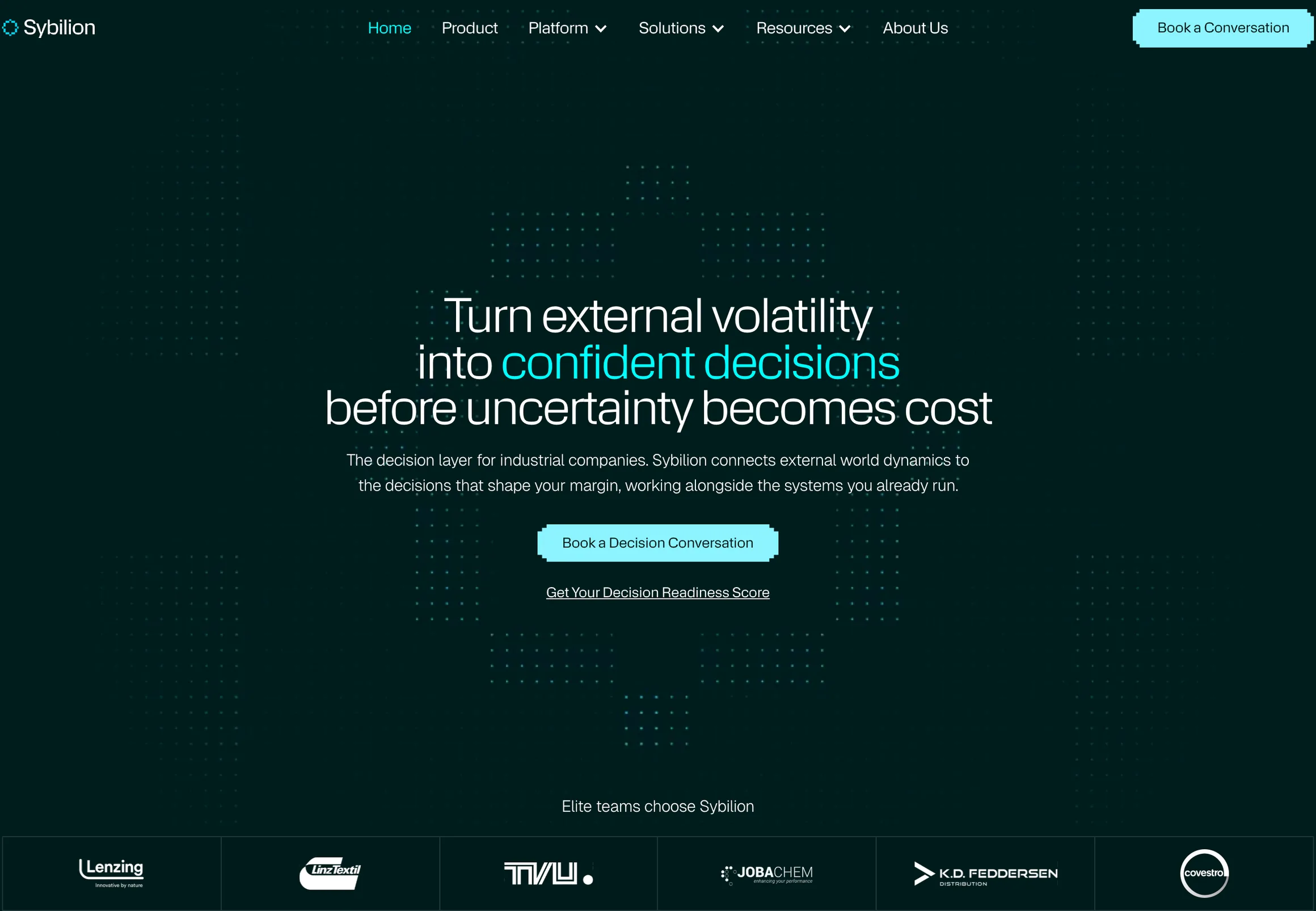The Sybilion homepage hero: Turn external volatility into confident decisions before uncertainty becomes cost, with Book a Decision Conversation and Get Your Decision Readiness Score, above a strip of client logos