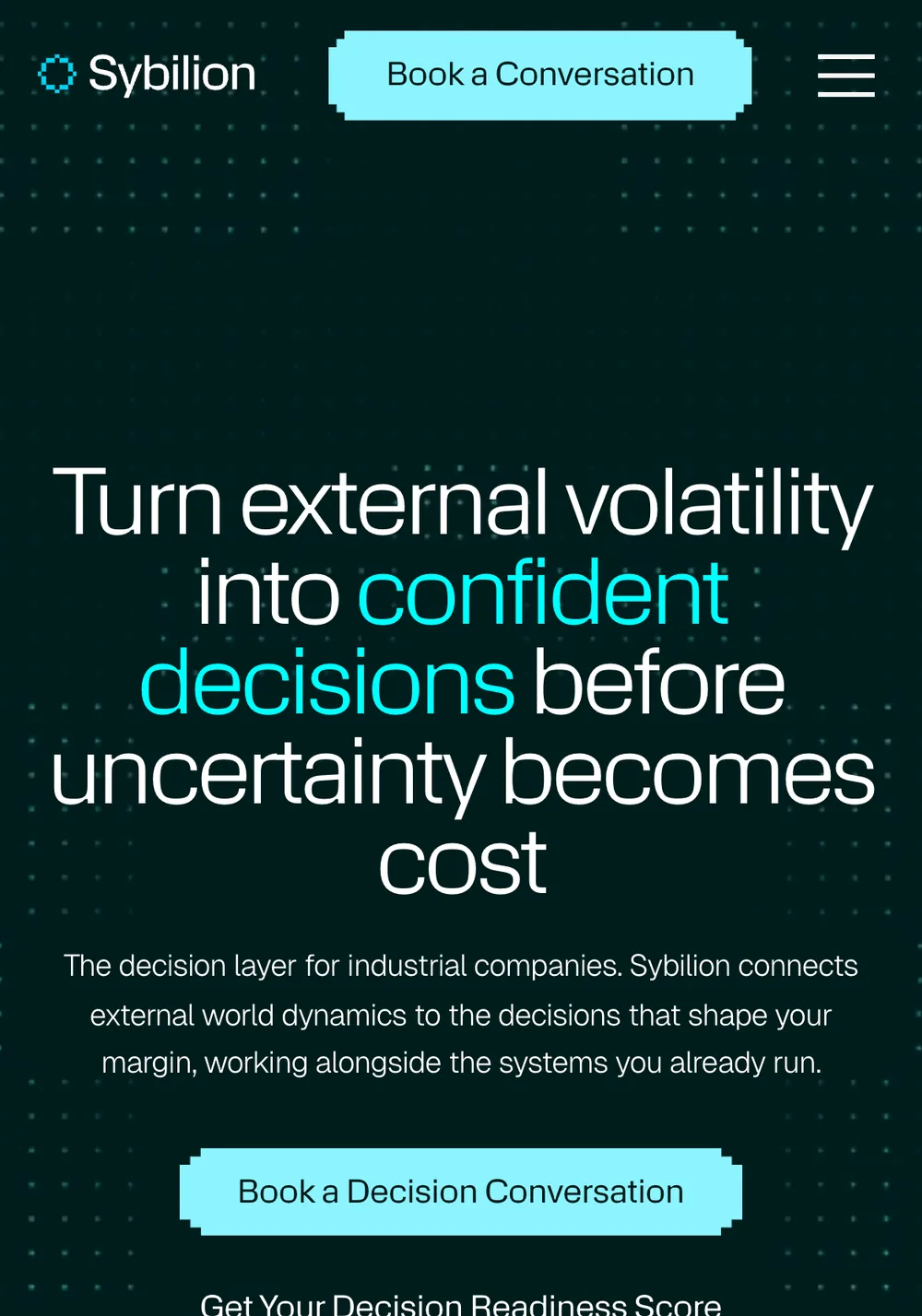 The Sybilion homepage hero on a phone, with the headline and Book a Decision Conversation button