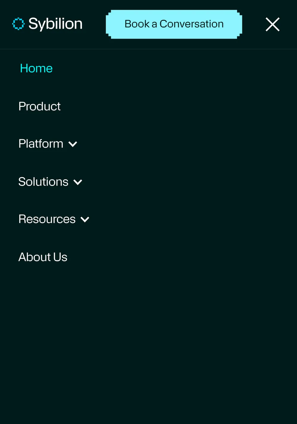 The Sybilion mobile navigation open: Home, Product, Platform, Solutions, Resources and About Us